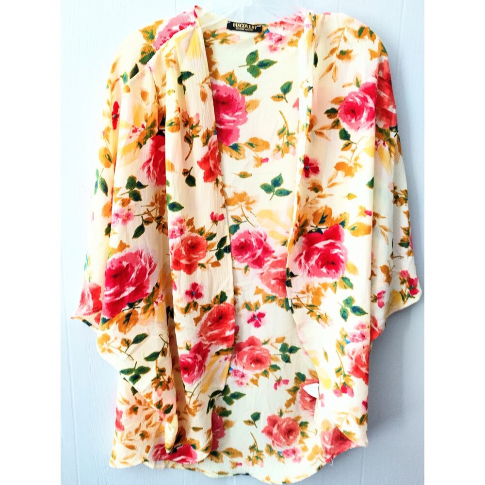 Discovery Women Multi-Color Cardigan Rose Floral Pattern 3/4 Bell Sleeves